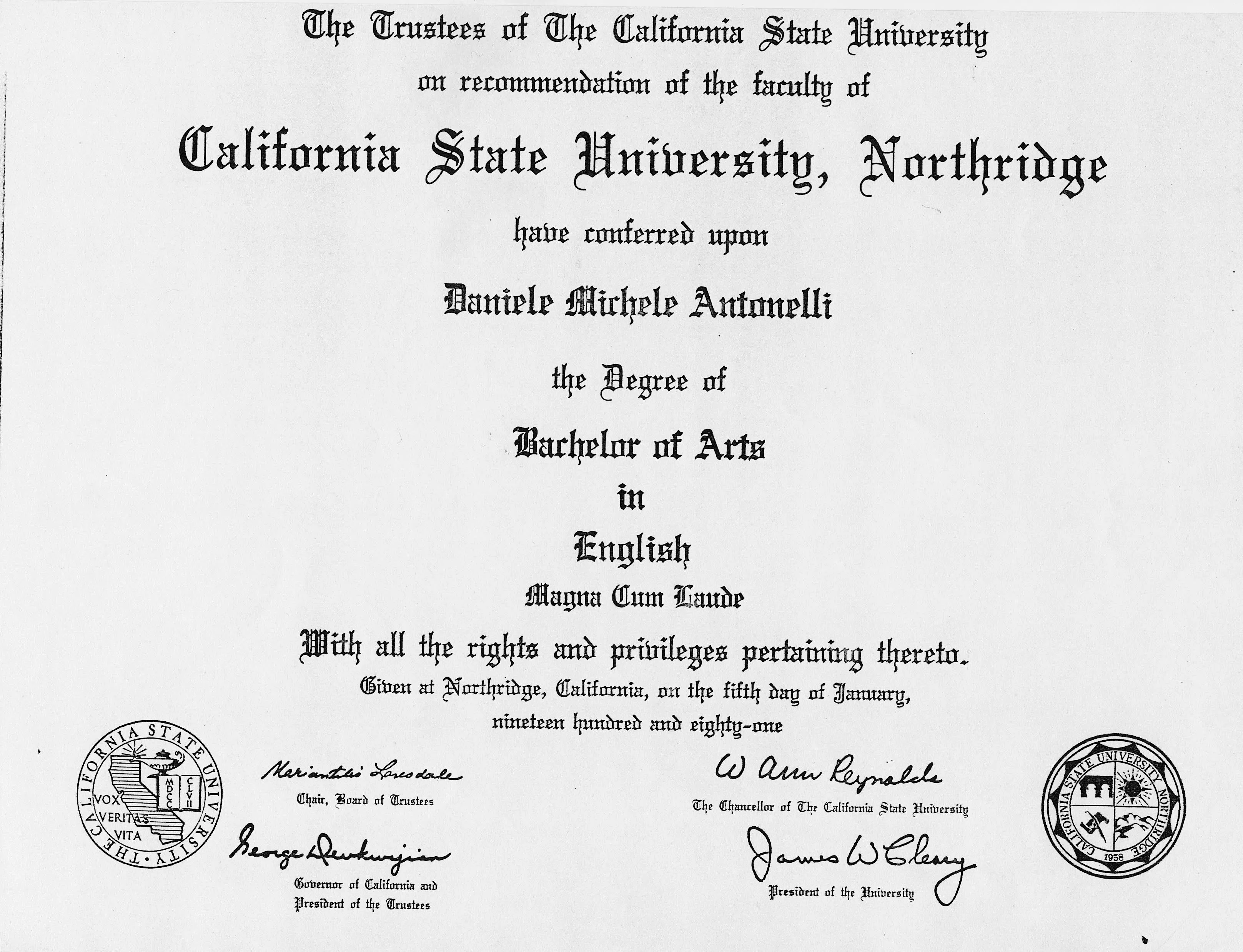 B.A. in English, magna cum laude, CSUN